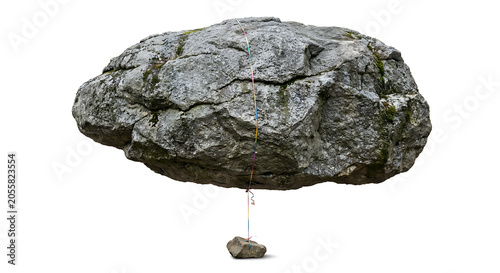 Surreal Floating Rock with Rainbow Ribbon Isolated on White