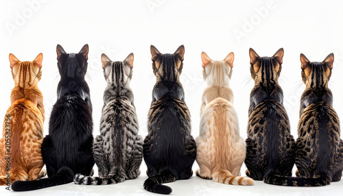 Seven cats sitting in a row, viewed from behind, showcasing their diverse coats and patterns.