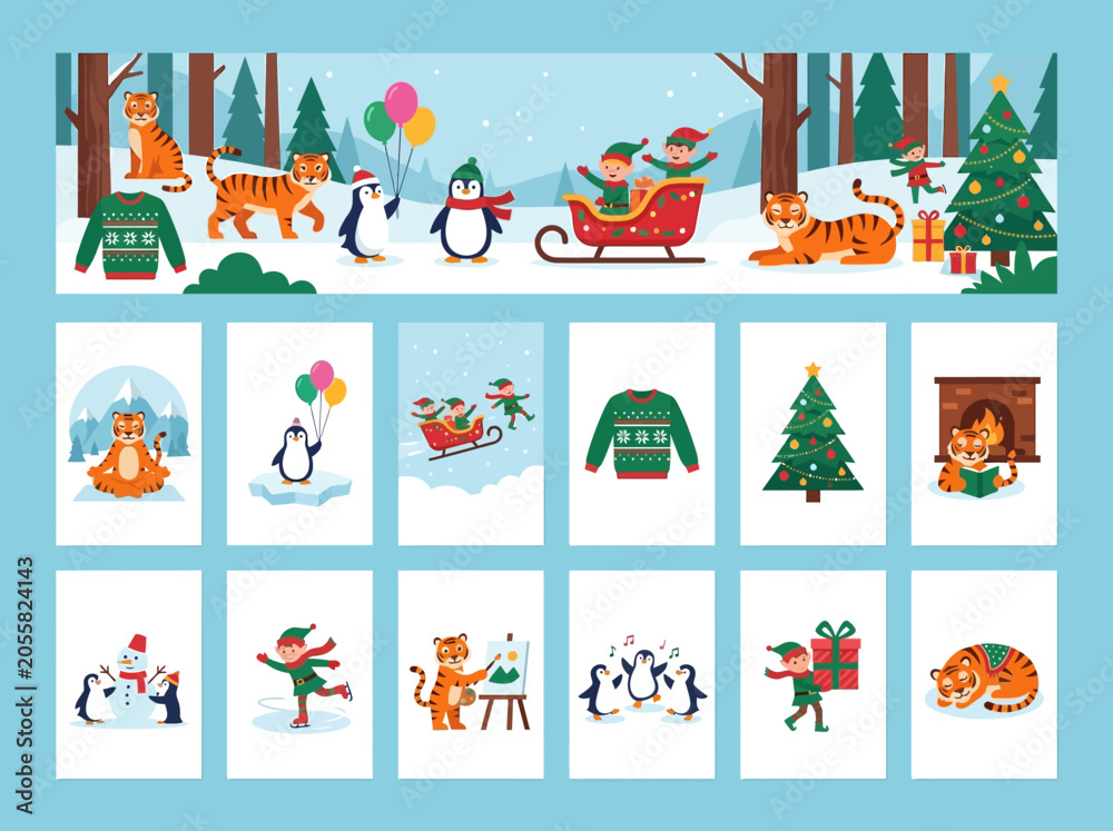 Fototapeta premium Cute Christmas and Winter Holiday Illustration Set with Tiger Penguins and Elves