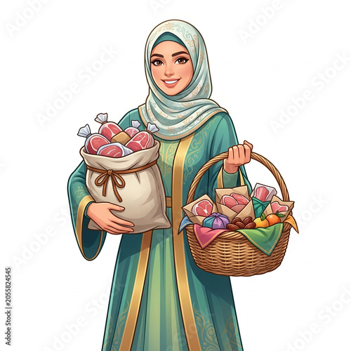 Muslim Woman Distributing Sacrificial Meat and Charity Basket for Kurban Bayramı Vector Illustration