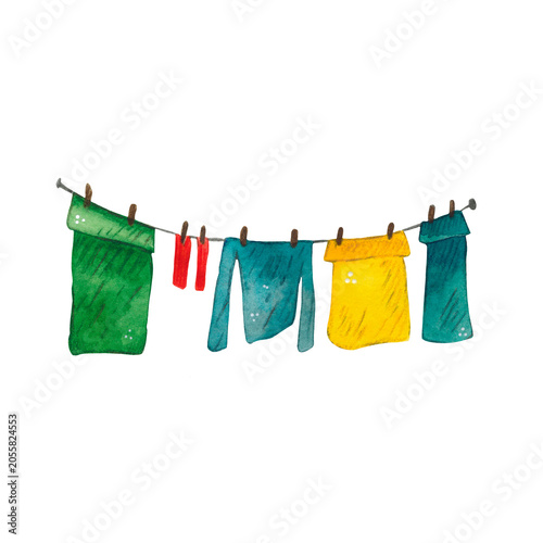 Laundry hanging on a line to dry, watercolor cartoon illustration. Hand-drawn. Design for stickers, cards, and scrapbooking. Village, farm, house, cleaning, clothes, laundry, housewife