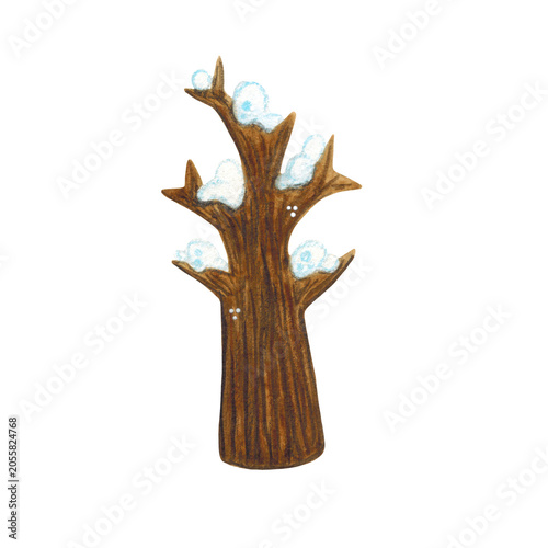 Tree in the snow, watercolor illustration, cartoon. Hand-drawn. Design for stickers, cards, and scrapbooking. Forest, nature, tree, foliage