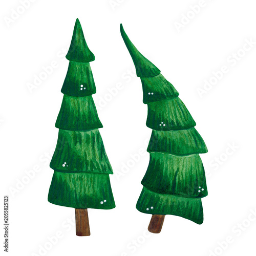 Two green fir trees, watercolor illustration, cartoon. Hand-drawn illustration. Design for stickers, cards, scrapbooking. Forest, nature, tree, conifers, spruce