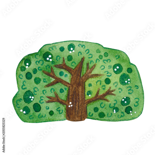 Green bush, watercolor illustration, cartoon. Hand-drawn illustration. Design for stickers, cards, scrapbooking. Forest, nature, tree, foliage