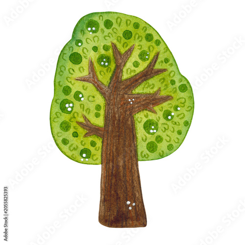 Tree with green foliage, watercolor illustration, cartoon. Hand-drawn illustration. Design for stickers, cards, scrapbooking. Forest, nature, tree, foliage