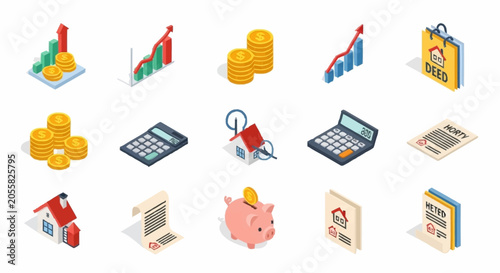 Isometric icons representing financial concepts like savings, investment growth, and real estate transactions.