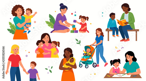 Illustrations of mothers and children together.