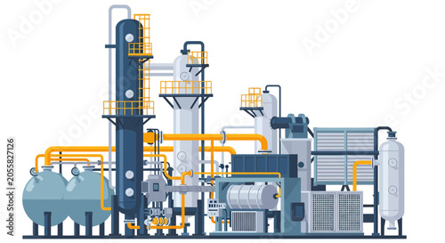 Fotografía A flat vector illustration of an industrial chemical plant featuring distillatio