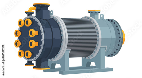 Photos A horizontal shellandtube heat exchanger featuring a dark circular header with y