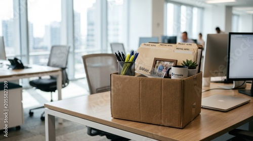 Cardboard box filled with office supplies and personal items on a desk in an empty modern office.