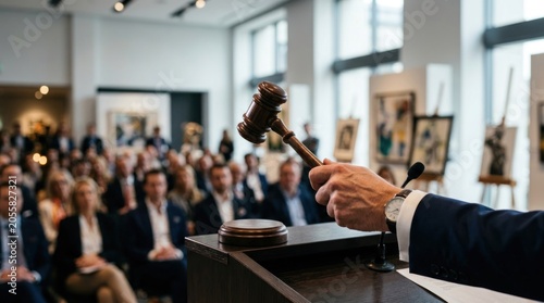 Auctioneer Holding Gavel in Front of Audience at Art Auction.