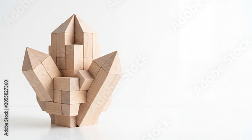 Symmetrical Wooden Geometry Sculpture Reflecting Minimalist Architectural Precision and Abstract Crystal-like Form- Concept.