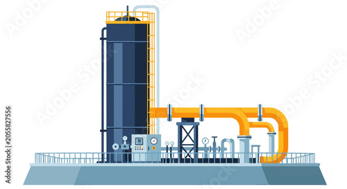 Fotografija An industrial storage tank with orange piping control panels and metal railings