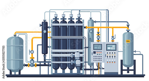 Industrial nitrogen or oxygen generation plant featuring vertical tanks pipe systems and a control panel