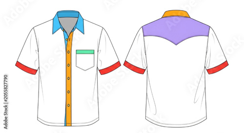 Fotografie Multi-colored Short Sleeve Shirt Technical CAD Fashion Design Flat Sketch Templa