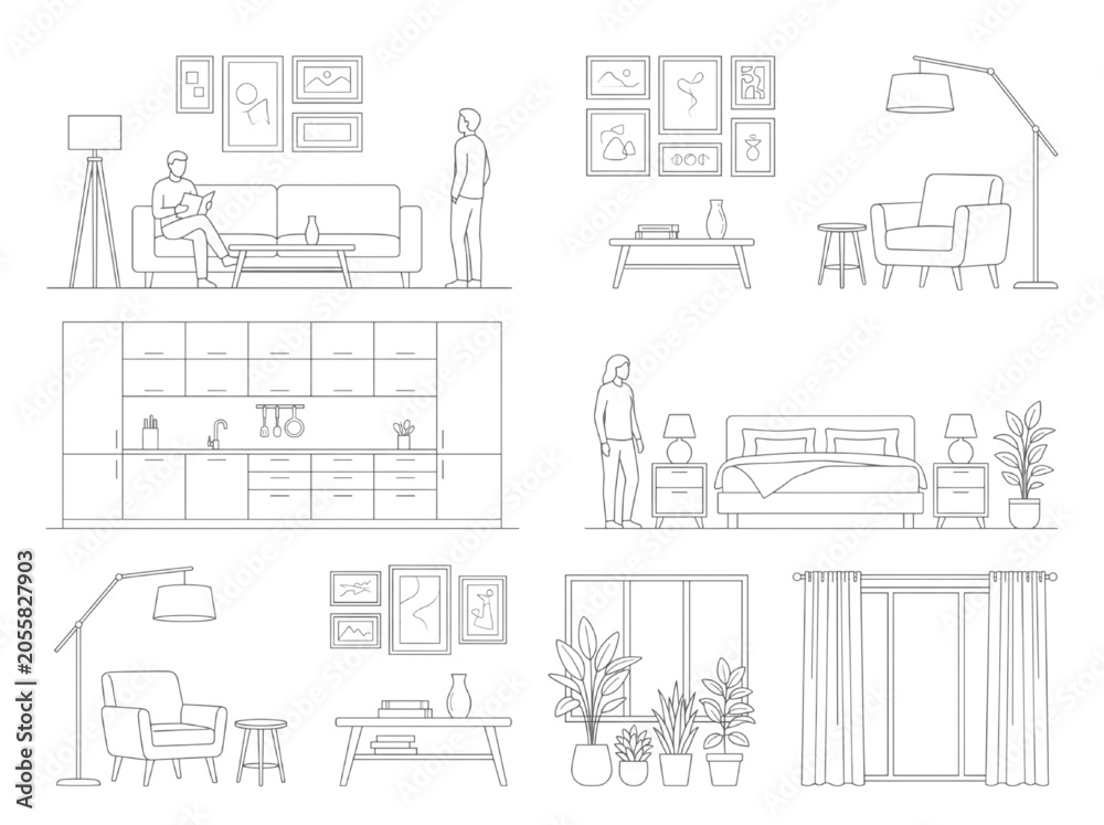 Naklejka premium Set of Linear CAD Interior Design Elements for Architectural Planning and Residential Layouts