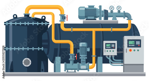 Принти на полотні Industrial system featuring two dark tanks connected by yellow pipes motors gaug