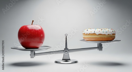 Healthy apple and sugary donut balanced on scale symbolizing fatty liver disease risk and diet choice impact on liver health