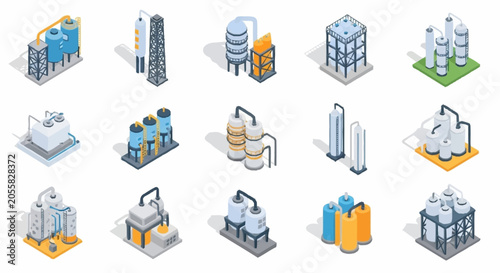 Set of isometric icons representing industrial facilities, chemical plants, and oil refineries.