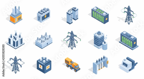 Foto Collection of isometric icons representing power generation and distribution infrastructure
