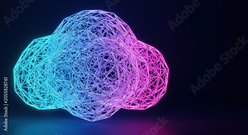 Cloud computing enterprise solutions concept with glowing network mesh sphere in blue and purple light on dark background