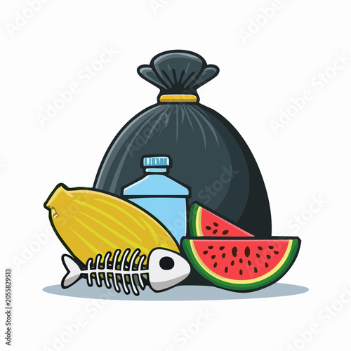 Garbage bag with food waste and plastic bottle