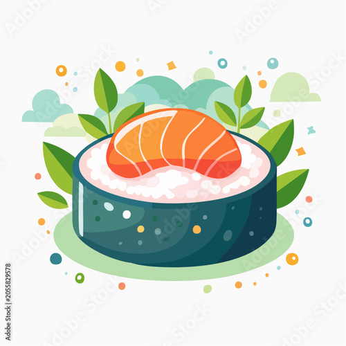 Stylized Sushi Roll with Salmon and Green Leaves