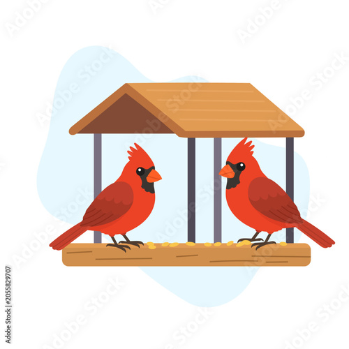 Pair of northern cardinals feeding at a wooden bird feeder. Flat vector wildlife illustration for garden, backyard and birdwatching themes.