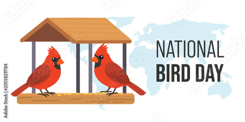 National Bird Day illustration with two northern cardinals at a bird feeder. Educational wildlife design promoting bird conservation.