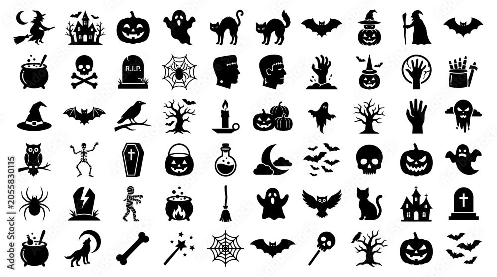 Obraz premium Set of black solid silhouette icons for spooky Halloween holiday celebration