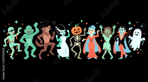 Classic Horror Monsters Dancing Together in Flat Vector Style, Mummy, Creature, Werewolf, Bride, Skeleton, Vampire, Zombie, Ghost Characters Celebrating Halloween