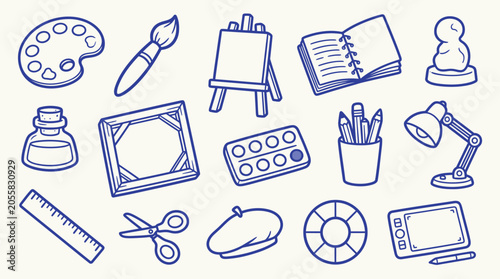 Collection of hand-drawn art and craft supplies, including brushes, paints, and drawing tools.