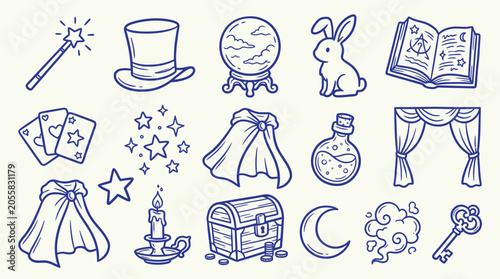 Collection of hand-drawn doodle icons representing magic and fantasy elements, including a wand, top hat, crystal ball, rabbit, spellbook, and more.
