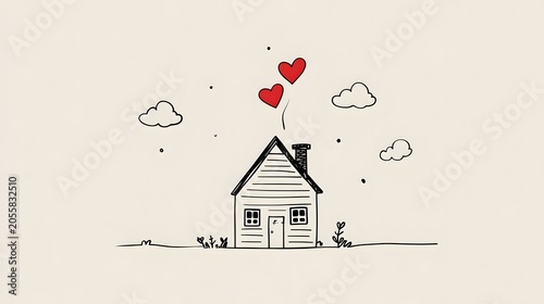 Simple minimalist illustration of a cozy house with hearts floating above and clouds around on a plain background
