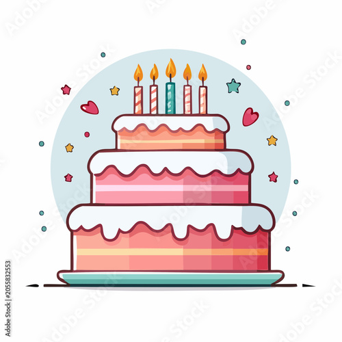 Three Tier Birthday Cake with Candles and Confetti