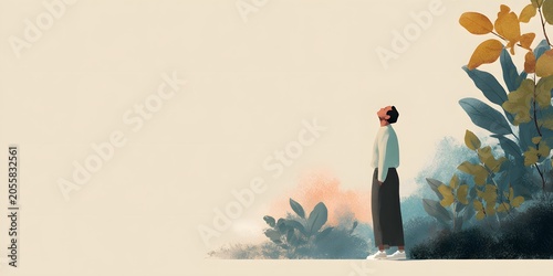 Peaceful woman standing outdoors near lush foliage and trees, enjoying tranquil nature scene, serene mood with soft pastel colors and gentle sunlight