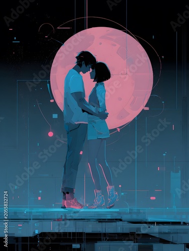 Romantic couple standing close together under pink moonlight with digital futuristic cityscape background at night scene