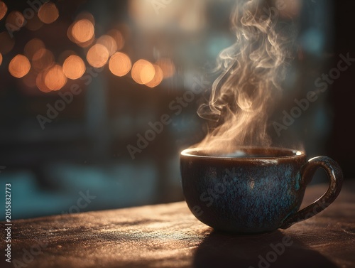 Warm Coffee Cup with Steam Rising in a Cozy Atmosphere at Night with Bokeh Lights and Rustic Surface for Comfort and Relaxation