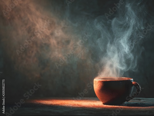 Warm steaming coffee cup with swirling vapor in a cozy dark ambiance, high detail and moody atmosphere for beverages or relaxation themes