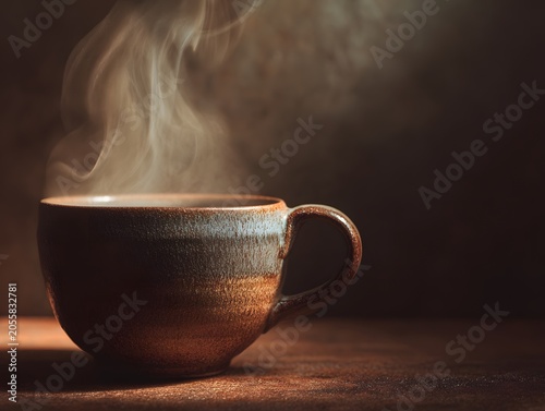 Warm steaming coffee cup on wooden surface with soft background, cozy morning beverage, hot drink in rustic ceramic mug, inviting atmosphere