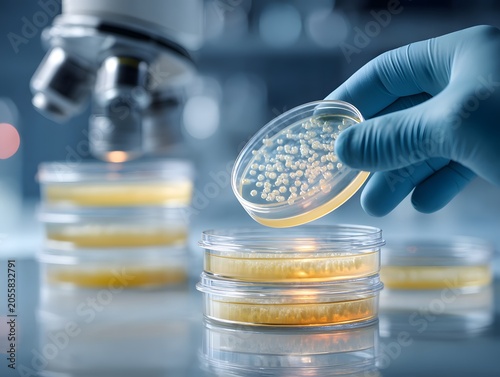 Scientist working in laboratory with petri dishes and microscope analyzing bacteria or cell cultures in a modern research environment