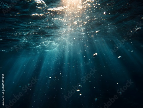 Underwater light beams penetrating the ocean water surface creating a serene and mesmerizing aquatic environment for exploration and relaxation