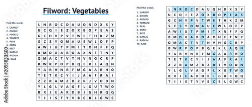 Foto Vegetable word search puzzle with highlighted answers in grid