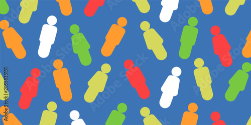 People seamless pattern vector, abstract multicolored community backdrop with flat stick figures for human resources presentation, global social network wallpaper, and diversity textile print.