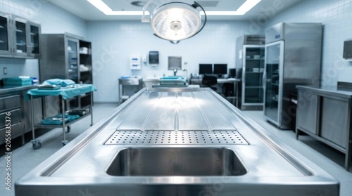 Modern Autopsy Room with Stainless Steel Table and Medical Equipment.