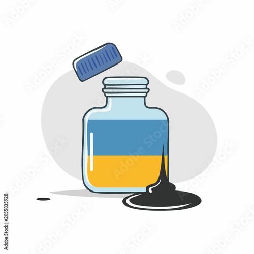 Bottle with Blue and Yellow Liquid and Spilled Substance