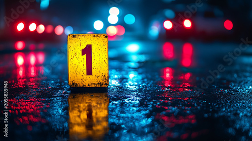 Yellow crime scene evidence marker number one on wet asphalt at night