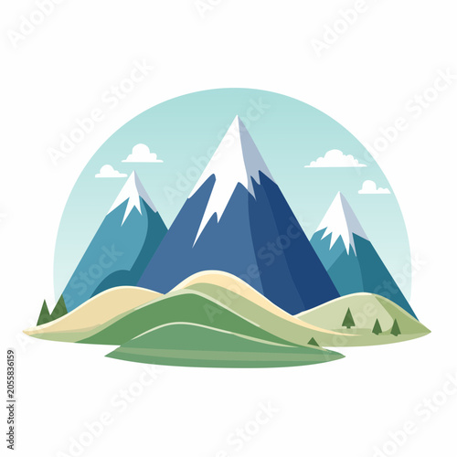 Stylized Mountain Landscape with Snow-Capped Peaks