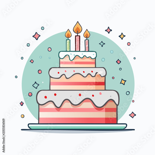 Three Tier Birthday Cake with Candles and Confetti