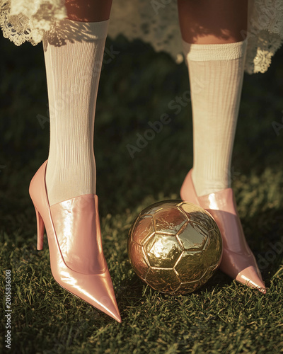 Woman legs in pink high heels and white socks with golden soccer ball on green grass field